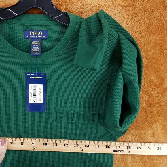 POLO Shirt Mens Small Green Pullover Crew Thermal Long Sleeve Raised Logo Pony - Picture 5 of 7